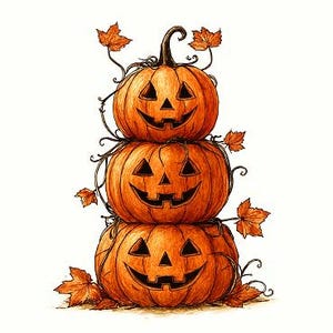Puede incluir: Una pila de tres calabazas naranjas talladas con caras sonrientes de jack-o'-lantern. Enredaderas con hojas naranjas envuelven las calabazas, creando una decoración festiva de Halloween. El fondo es blanco.
