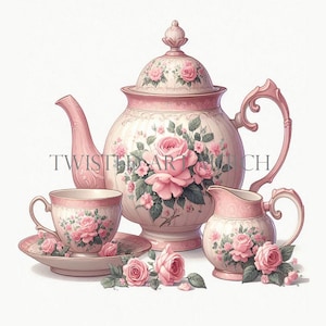 Può includere: Un set da tè rosa e bianco con teiera, lattiera e tazza con piattino. Il set è decorato con rose rosa e foglie verdi.
