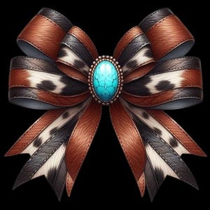 May include: A decorative bow with a turquoise gemstone centre. The bow features brown, black, and cowhide-patterned ribbons. The gemstone is oval-shaped and surrounded by a beaded border. The background is solid black.