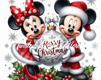 Może przedstawiać: Myszka Miki i Minnie Mouse ubrani w czerwono-białe stroje świąteczne trzymają dużą białą ozdobę, na której napisano "Wesołych Świąt".