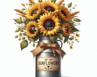 Könnte beinhalten: Ein Strauß gelber Sonnenblumen mit grünen Blättern und Weizenähren in einer silbernen Milchkanne mit einer braunen Juteschleife und einem Etikett mit der Aufschrift "Sonnenblumen".