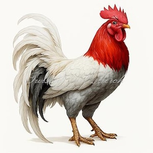 Könnte beinhalten: Detaillierte Illustration eines Hahns mit leuchtend rotem Gefieder um Hals und Kopf, einem markanten roten Kamm und einem gelben Schnabel. Der Körper geht von grau zu weißen Federn über, mit einem schwarzen Akzent im Schwanz. Der Hahn steht auf gelben Beinen vor weißem Hintergrund.