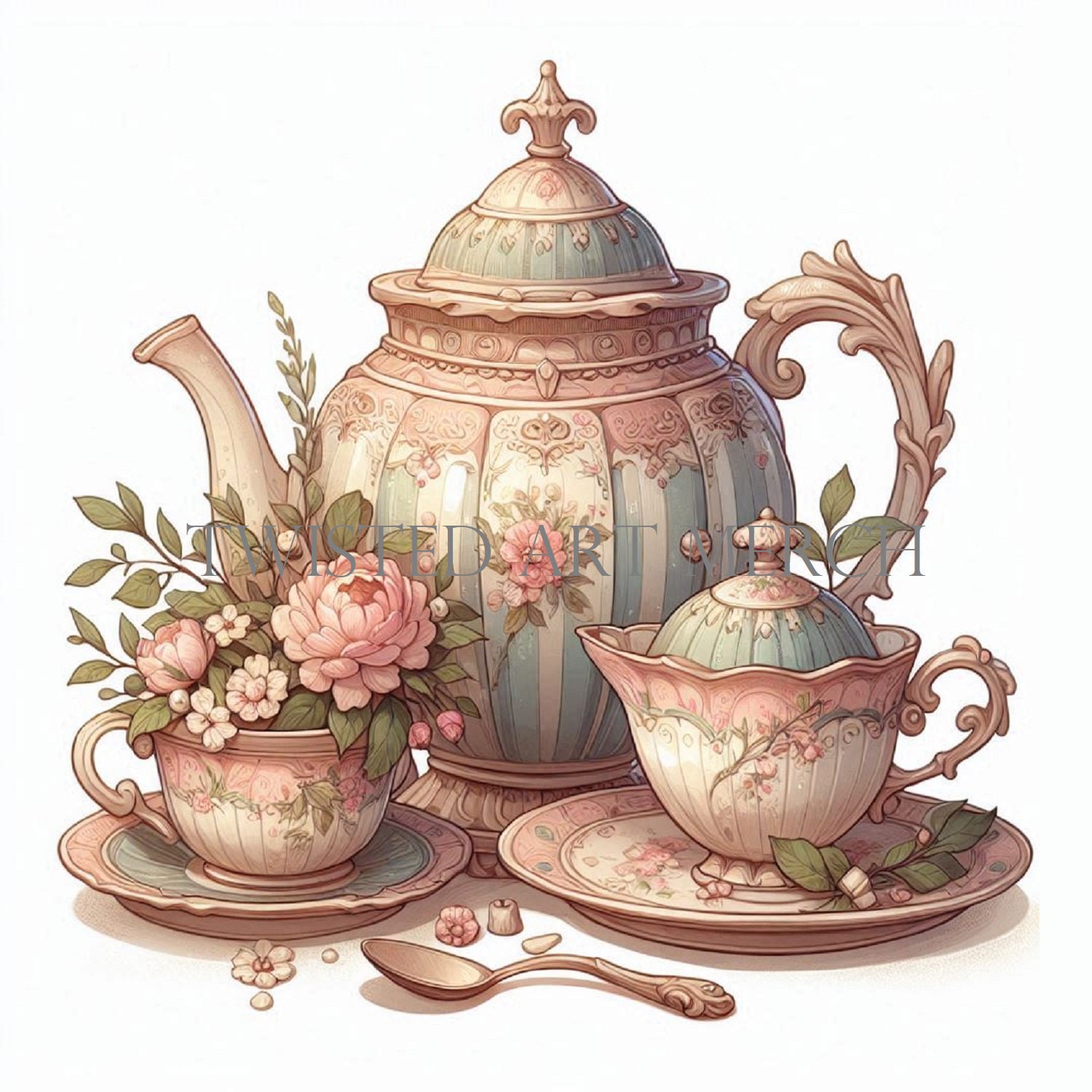 10 Vintage Floral Teapot Clipart, Printable Watercolor Clipart, High ...