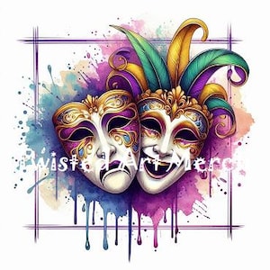 Puede incluir: Dos máscaras teatrales, una triste y otra alegre, están pintadas en oro, morado y azul. Las máscaras están colocadas sobre un fondo de acuarela con salpicaduras de color.