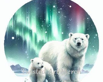 Polar Bear Northern Lights Clipart: Scrapbooking Crafting JPGs (3000x3000px)