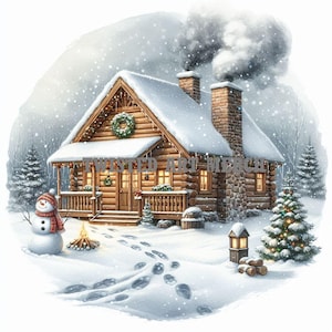 10 Gezellige winterhut woondecoratie illustratie | Rustiek Snowy Retreat-kunstwerk - Log Cabin digitale jpg download, 4 Are kersttafereel