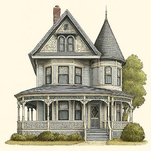 Könnte beinhalten: Illustration eines viktorianischen Hauses mit hellblauem Äußeren, grauem Dach und umlaufender Veranda. Das Haus weist komplizierte architektonische Details auf, darunter dekorative Verzierungen, einen Turm und einen Schornstein. Grüne Büsche und ein Baum befinden sich im Vordergrund.