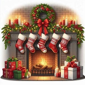 May include: A decorated fireplace with five red and white Christmas stockings hanging above the hearth. A green wreath with red berries and a large red bow decorates the mantelpiece. Wrapped presents in red and green are stacked below.