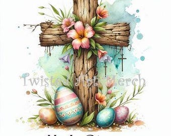 May include: Watercolor illustration of a wooden cross adorned with pink and orange flowers and green foliage. Below the cross are colorful Easter eggs. The text "He Is Risen" is at the bottom, with "Twisted Art Merch" in the background.