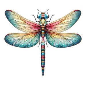 May include: A colorful dragonfly with intricate patterns on its wings. The dragonfly is blue, green, yellow, red, and gold.