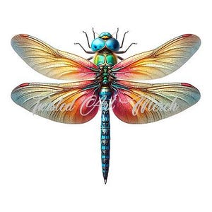 May include: A colorful dragonfly with iridescent blue, green, and yellow wings. The wings are outlined in black and have a red and orange gradient.