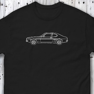 Koszulka z grafiką Ford Capri MK1, klasyczny brytyjski muscle car, zarys vintage'owego Capri, koszulka retro z motywem samochodowym, prezent dla entuzjasty samochodów
