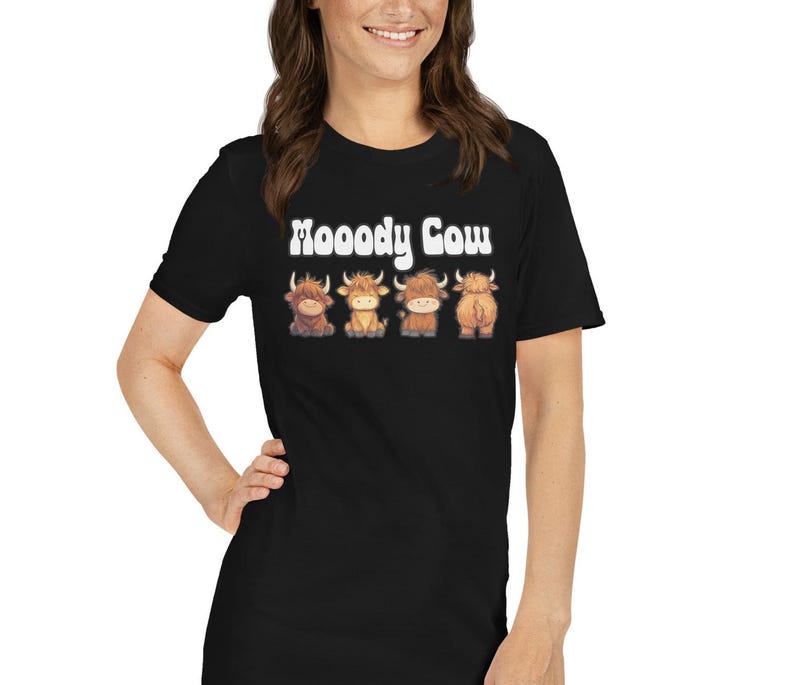 Funny Highland Cow T-Shirt, Moody Cartoon Cow Print Tee image 4