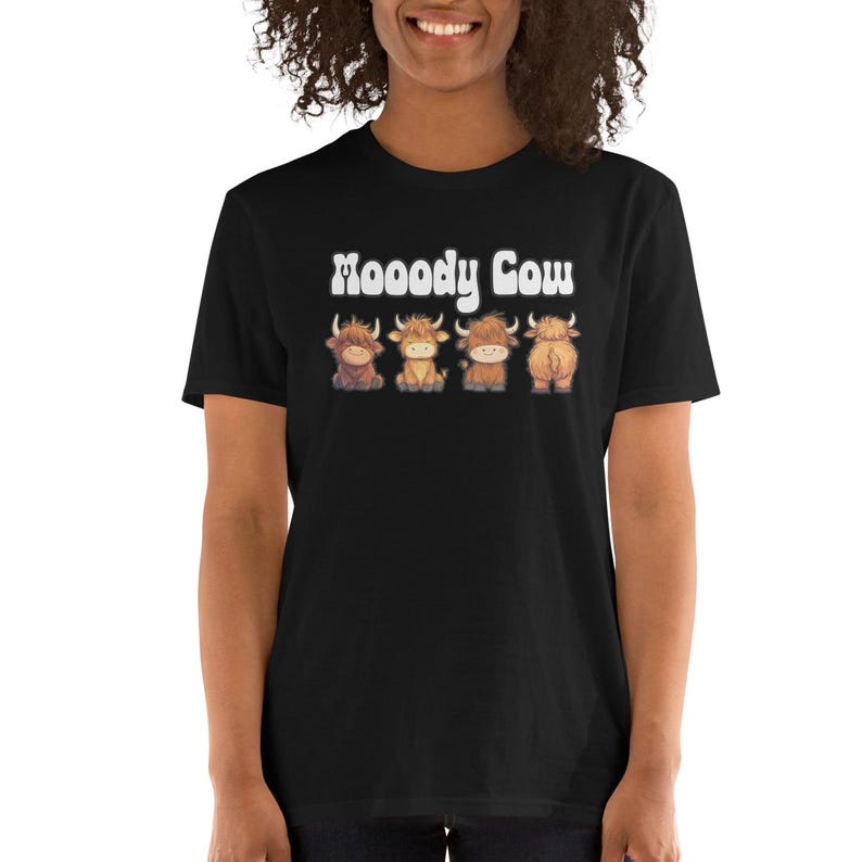 Funny Highland Cow T-Shirt, Moody Cartoon Cow Print Tee image 5