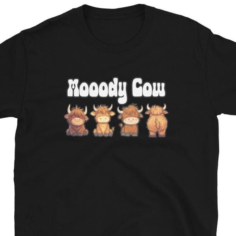 Funny Highland Cow T-Shirt, Moody Cartoon Cow Print Tee image 2