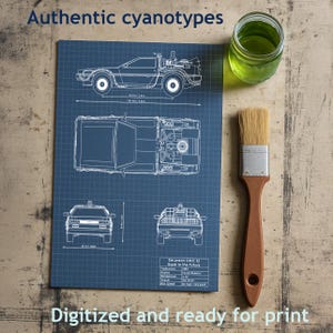 Op de afbeelding: Een blauwdruk met witte lijntekeningen van een DeLorean DMC-12 auto, met de tekst "Authentic cyanotypes" en "Digitized and ready for print". Een penseel en een potje groene vloeistof liggen naast de blauwdruk.