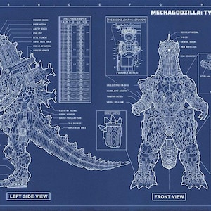 Può includere: Uno schema di planimetria di un mostro robotico, Mechagodzilla: Tipo-3 Kiryu, con illustrazioni dettagliate dei suoi componenti meccanici e delle sue funzioni. Lo schema mostra la vista laterale sinistra e la vista frontale del robot.