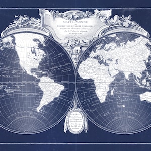 Cyanotype mappemonde antique blueprint plan technique