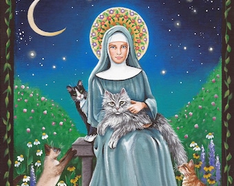 Gertrude of Nivelles, Patron Saint of Cats and Gardeners - 8 x 10 Print of Original Acrylic Painting by Carolee Clark