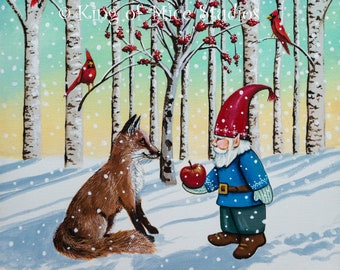 Season of Giving - Tomte and Fox 8 x 12 Print of Original Acrylic Gnome Painting by Carolee Clark