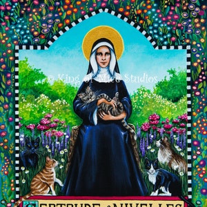 Saint Gertrude of Nivelles, Patron of Cats and Gardeners - 11 x 14 Print of Original Acrylic Painting by Carolee Clark