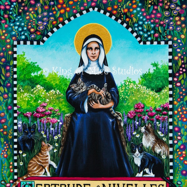Saint Gertrude of Nivelles, Patron of Cats and Gardeners - 11 x 14 Print of Original Acrylic Painting by Carolee Clark