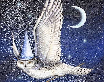 THE SNOW SUMMONER, 8 x 10 Print of Original, Acrylic, Owl Painting by Carolee Clark, of King of Mice Studios