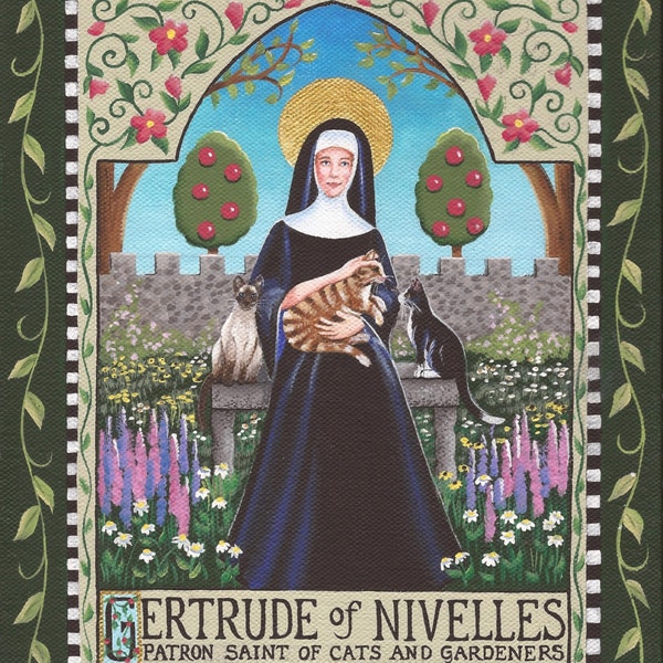 Saint Gertrude of Nivelles, Patron of Cats and Gardeners - 8 x 10 Print of Original Acrylic Painting by Carolee Clark