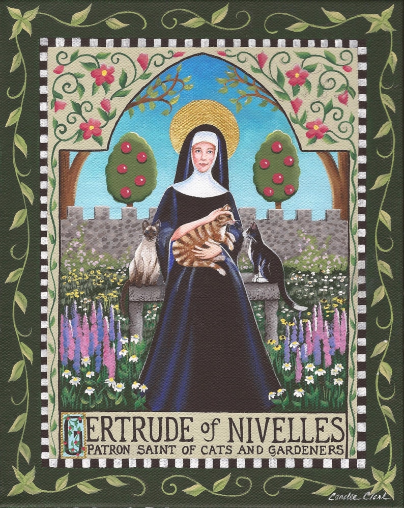 Saint Gertrude of Nivelles, Patron of Cats and Gardeners 8 x 10 Print of Original Acrylic Painting by Carolee Clark image 1