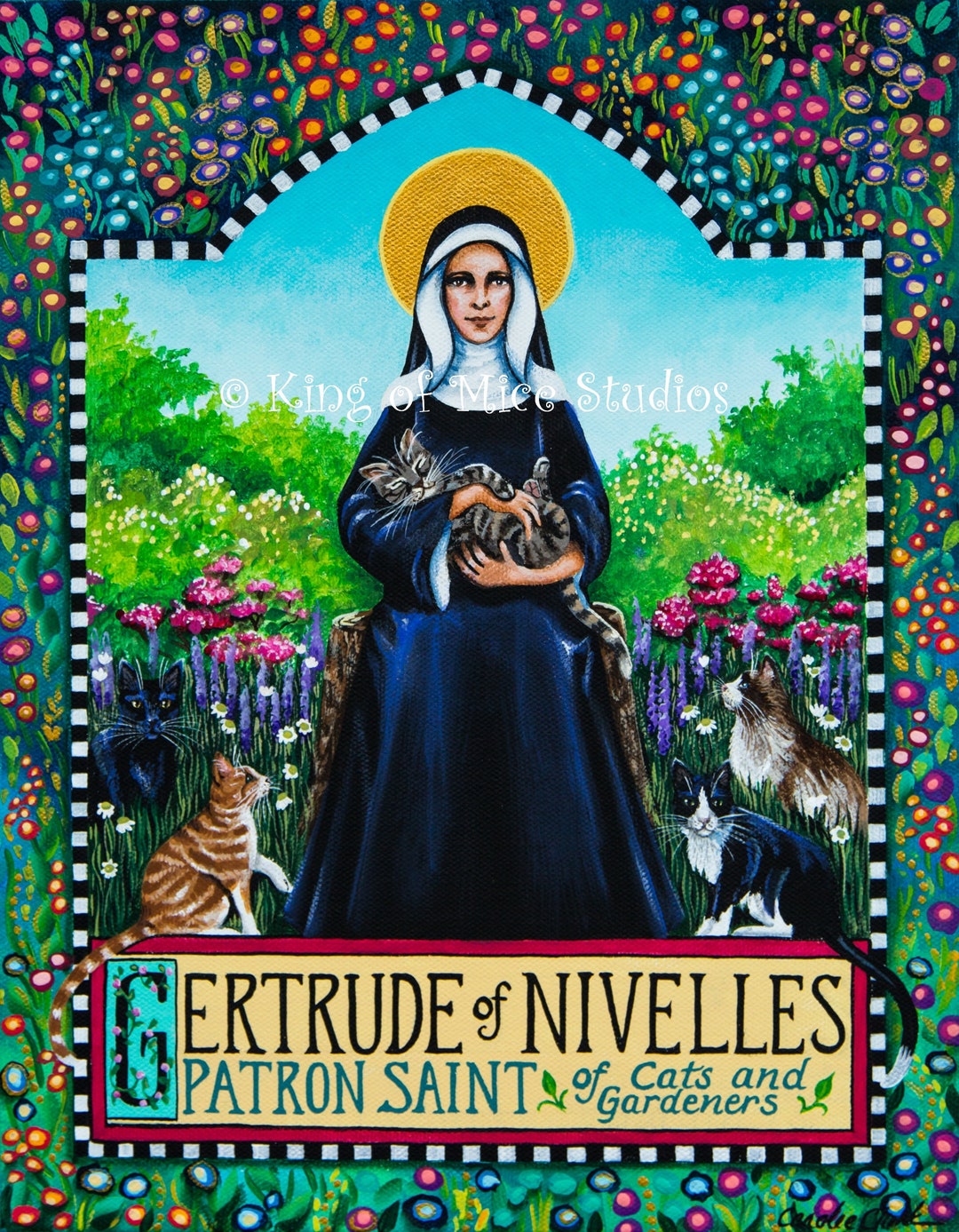 Saint Gertrude of Nivelles, Patron of Cats and Gardeners 11 X 14