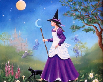 Garden Magic - 8 x 8 Print of Original, Acrylic, Witch/Fairies Painting by Carolee Clark