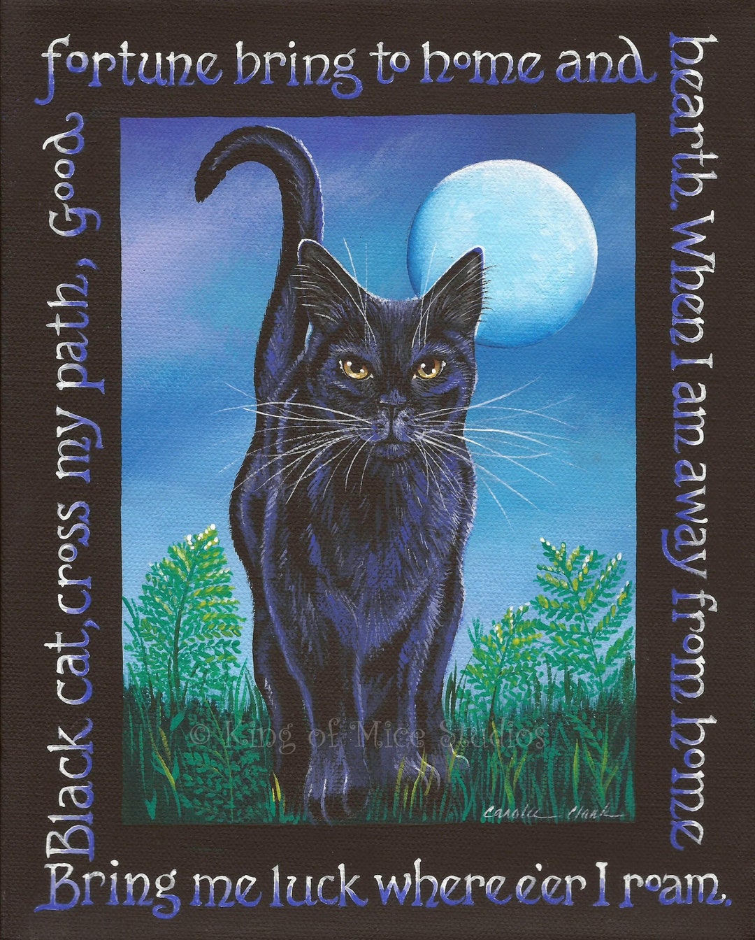 LUCKY CAT Old English Black Cat Charm 8 X 10 Print of Original Acrylic