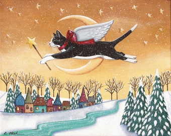 Yuletide Blessings - Tuxedo Cat Angel, 8 x 10 Print of Original Acrylic Painting by Carolee Clark