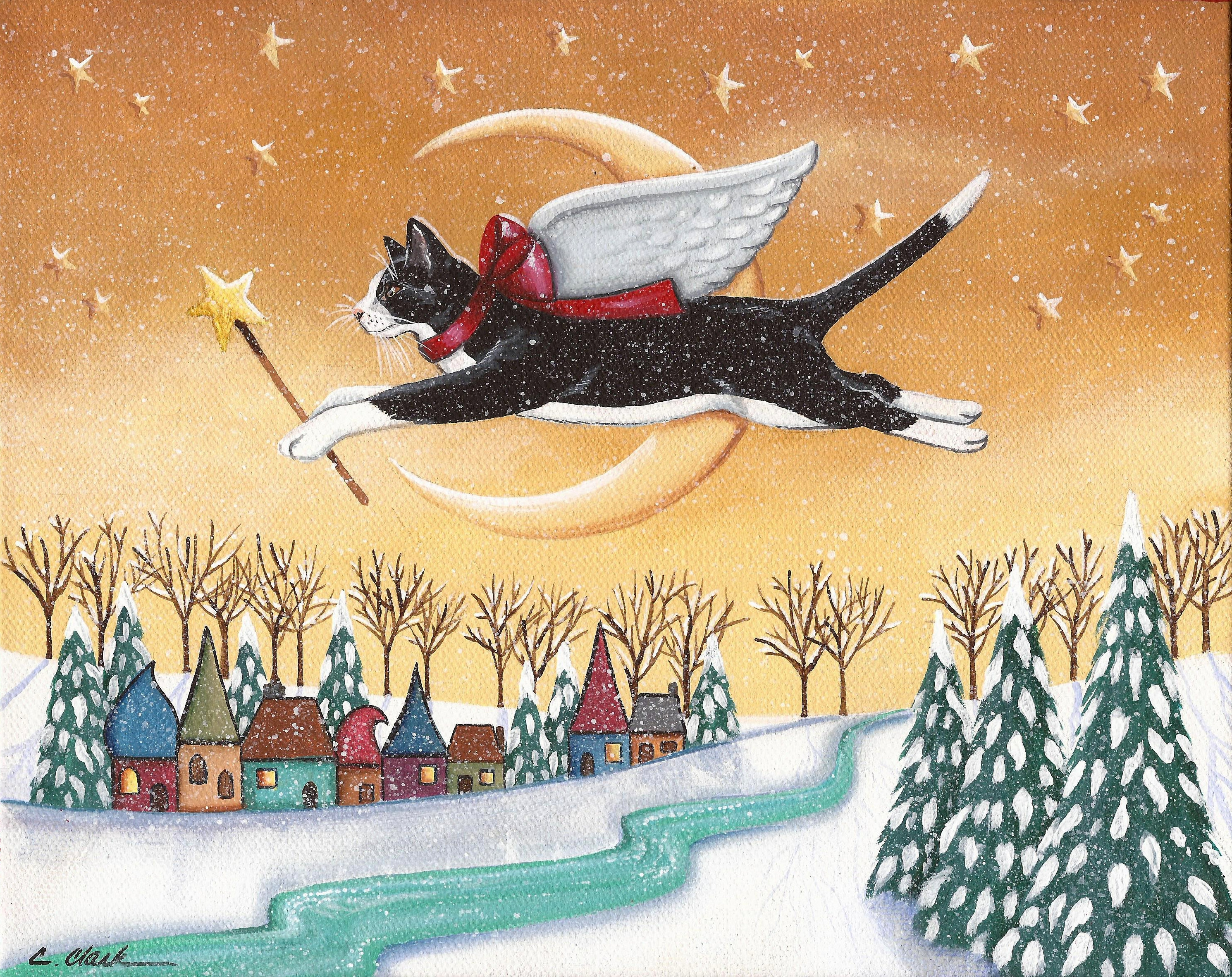 Yuletide Blessings - Tuxedo Cat Angel, 8 X 10 Print of Original
