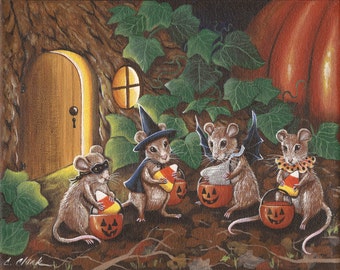 A VERY SPECIAL TREAT - 8 x 10 Print of Original Acrylic Halloween Mouse Painting by Carolee Clark