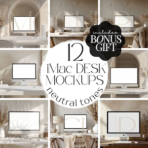 May include: Twelve iMac desktop mockups in neutral tones. Each mockup features a white iMac with a blank screen, set against a variety of backgrounds, including a white desk, a wooden desk, and a beige wall. The mockups are perfect for showcasing websites, apps, or other digital content.