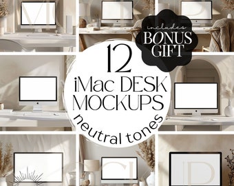 Neutral Desktop Computer Mockup Bundle | iMac Screen Mock-Up, Web Mock Up, Social Media Mocks, Device Cover, Canva Template for Etsy Sellers