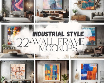 Industrial Style Wall Frame Mockup Bundle | 22+ Realistic Living Room Mockups, Blank Frame Wall Art Mock Ups, Canva Template, Picture Frame