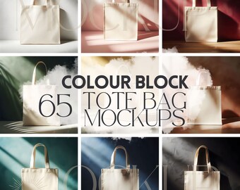 65 Colour Block Tote Bag Mockup Bundle | Canvas Totes Mock Ups for Print on Demand Etsy Sellers | Printify Mocks | Canva Template | Branding