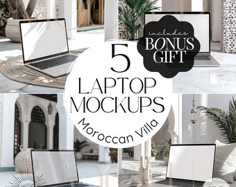 5 Moroccan Villa Laptop Mockup Bundle | Lux Macbook Pro Screen Mock Ups, Social Media Cover, Website Mocks, Canva Template for Etsy Sellers