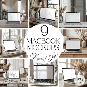Könnte beinhalten: Neun Mockup-Bilder eines Laptops mit leerem Bildschirm. Der Laptop steht auf einem Schreibtisch mit einer Vase mit Trockenblumen und anderen Dekoartikeln. Der Text "9 Macbook Mockups Elegant Desk" befindet sich in der Mitte des Bildes.