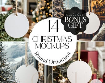 14 Christmas Ornament Mockup Bundle | Round Ceramic Xmas Decoration Mocks, Holiday Social Media PNG, Custom Mock Up Template for Etsy Seller