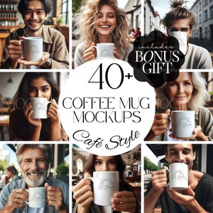 May include: A collection of 40+ coffee mug mockups in a cafe setting. The mockups feature various people holding white mugs with a simple sun design and the text "3f Studio" on them. The text "includes BONUS GIFT" is also visible in the image.