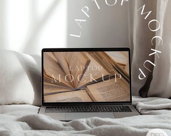 Neutral Laptop Mockup Macbook Pro Screen Linen Mock Up Social Media Cover Website Mocks for Etsy Sellers Product Marketing PSD Smart Object