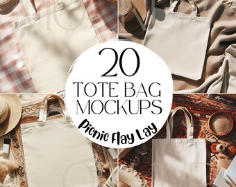 20 Tote Bag Mockup Bundle | Flat Lay Picnic Style | Canvas Totes Mock Ups for Print on Demand Etsy Sellers | Printify Mocks | Canva Template