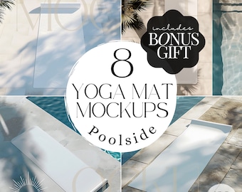 8 Poolside Yoga Mat Mockup Bundle | Blank Exercise Mat Mock Up, Yogamat Social Media Mock-Ups, Canva Template, Print on Demand Etsy Sellers