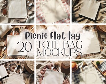 20 Flat Lay Tote Bag Mockup Bundle | Canvas Totes Mock Ups for Print on Demand Etsy Sellers | Picnic Style | Printify Mocks | Canva Template