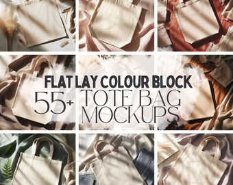 55 Flat Lay Tote Bag Mockup Bundle | Colour Block | Canvas Totes Mock Ups for Print on Demand Etsy Sellers | Printify Mocks | Canva Template