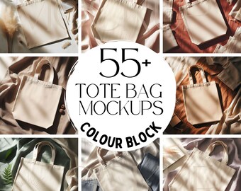 55 Tote Bag Mockup Bundle | Flat Lay Colour Block | Canvas Totes Mock Ups for Print on Demand Etsy Sellers | Printify Mocks | Canva Template