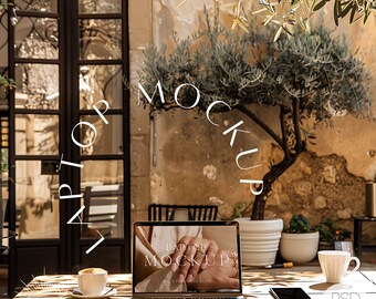 Laptop Mockup | European Café Macbook Pro Screen Mock Ups, Social Media Cover, Website Mocks for Etsy Sellers, PSD Smart Object, Marketing